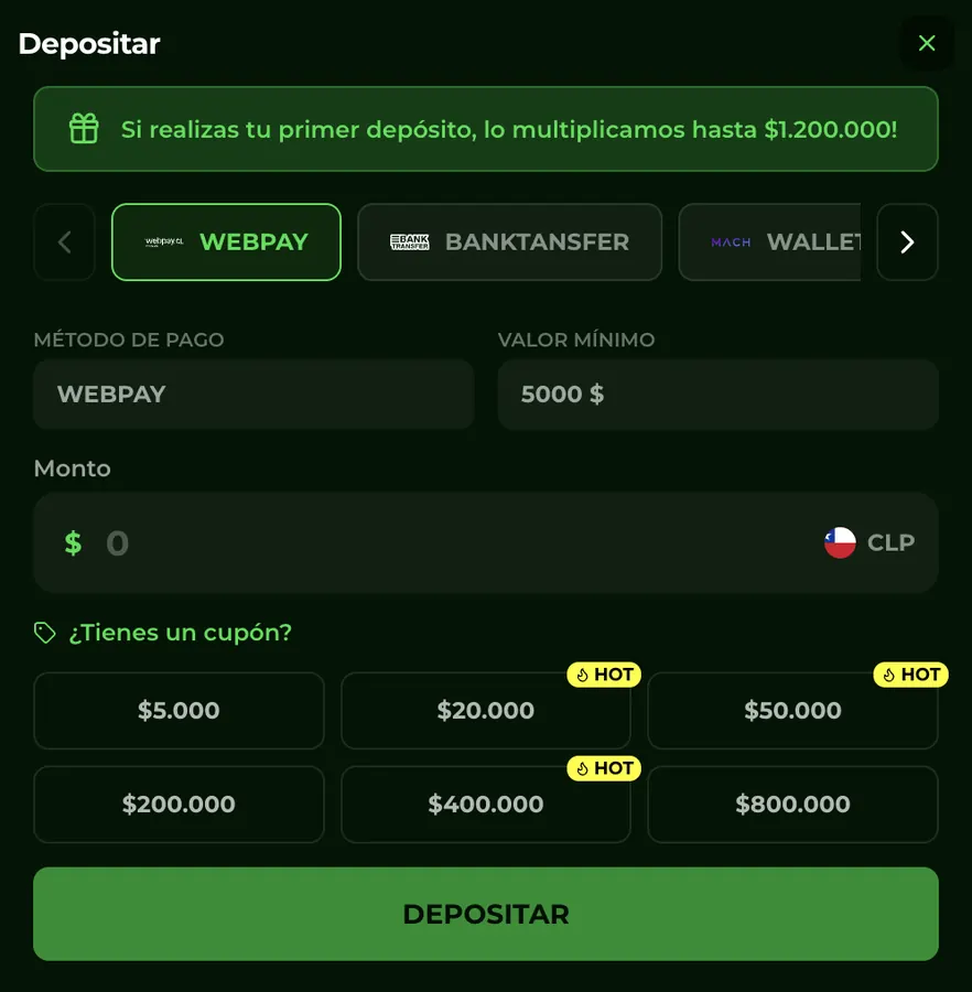 Caja de depósito de State77 en Chile con Webpay, transferencia bancaria y MACH