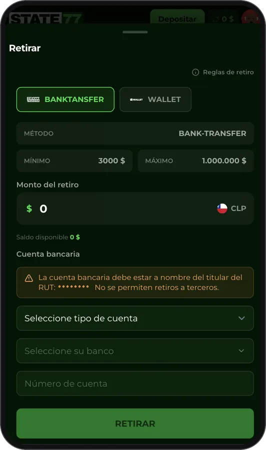 Pantalla de retiro de State77 con los límites y el aviso de cuenta a nombre del titular