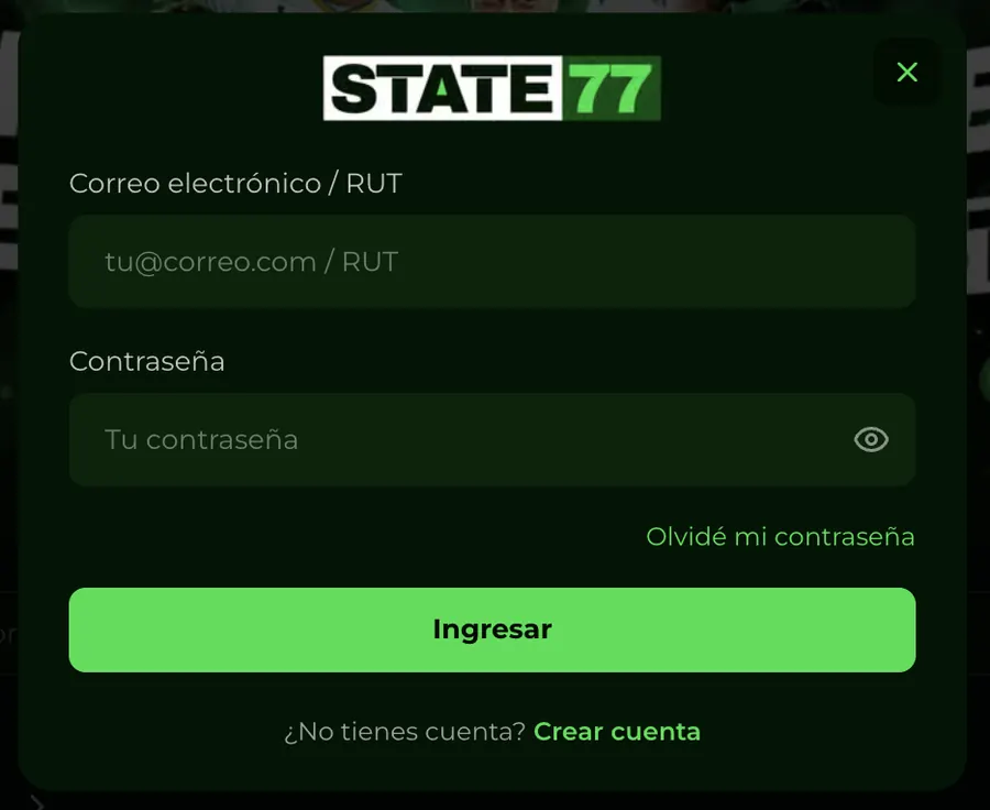 Ventana de inicio de sesión de State77: el campo dice «Correo electrónico / RUT»